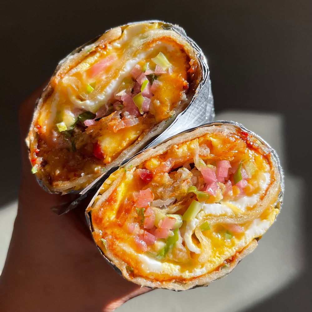 Bacon, Egg, and Cheese Scallion Pancake Breakfast Burrito Saturday
